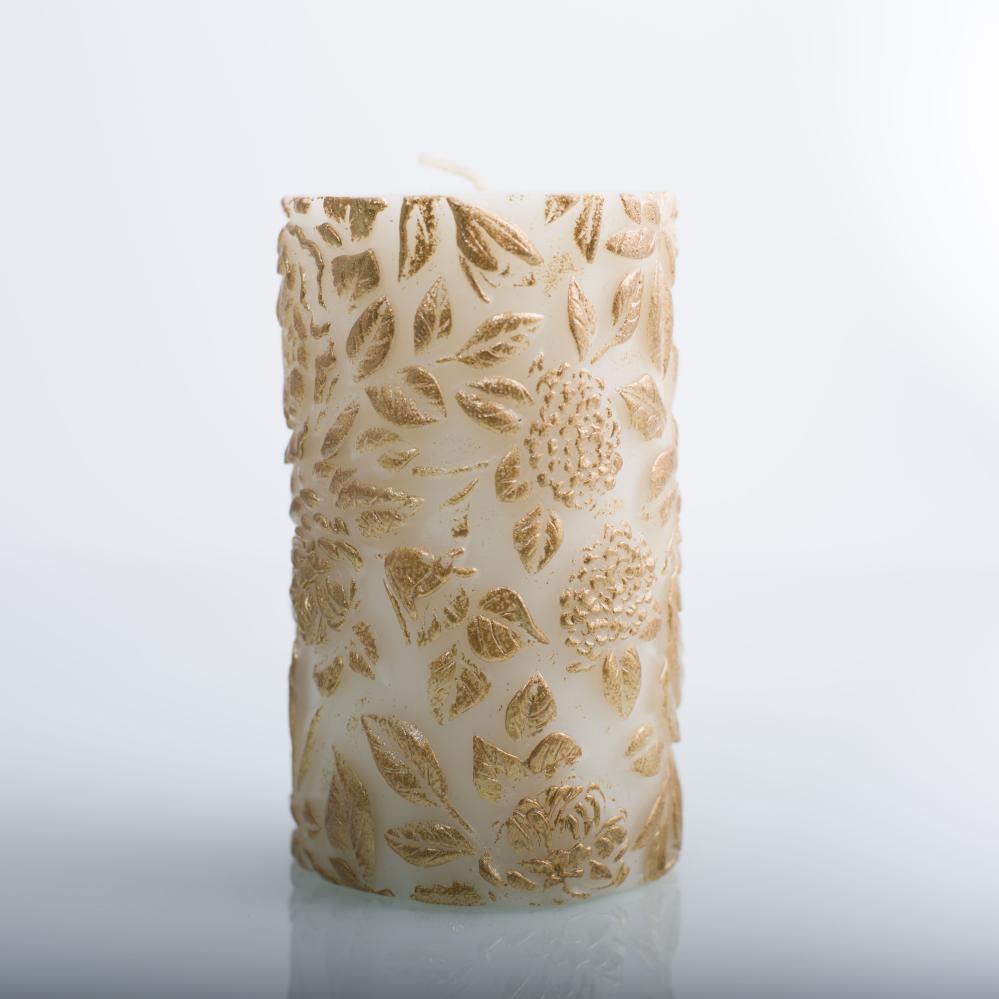 Pillar Candles ：Sculpture Gold Flower ,Middle Size , Unscented ,White Candle ,China Factory ,Best Price-HOWCANDLE-Candles,Scented Candles,Aromatherapy Candles,Soy Candles,Vegan Candles,Jar Candles,Pillar Candles,Candle Gift Sets,Essential Oils,Reed Diffuser,Candle Holder,