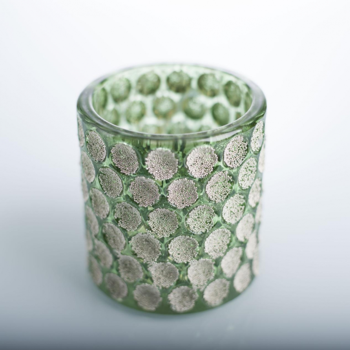 Candle Holder ：Christmas Green ,Gold Beads , Full Body Dots Emboss ,Glass Jar ,Home Decoration ,China Factory ,Price-HOWCANDLE-Candles,Scented Candles,Aromatherapy Candles,Soy Candles,Vegan Candles,Jar Candles,Pillar Candles,Candle Gift Sets,Essential Oils,Reed Diffuser,Candle Holder,