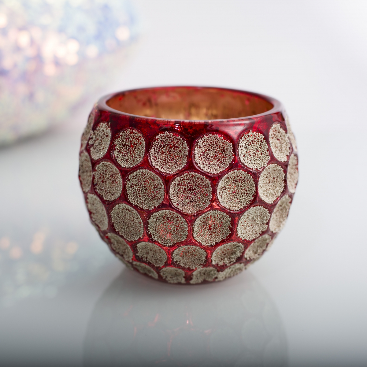 Candle Holder ：Christmas Red , Ball Shape Glass , Geometric Dots , Honeycomb Emboss , Gold Beads ,China Factory , Good Price-HOWCANDLE-Candles,Scented Candles,Aromatherapy Candles,Soy Candles,Vegan Candles,Jar Candles,Pillar Candles,Candle Gift Sets,Essential Oils,Reed Diffuser,Candle Holder,
